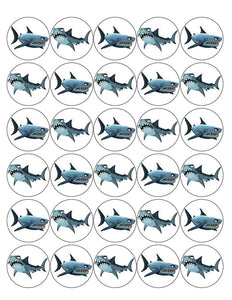 SHARK MIX 30 x 4cm PREMIUM EDIBLE ICING ROUND CUP CAKE TOPPERS OCEAN ANIMALS D9