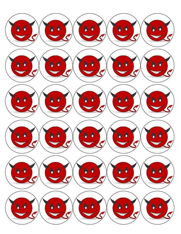 DEVIL EMOJI 30 x 4cm PREMIUM EDIBLE ICING ROUND CUP CAKE TOPPERS D4