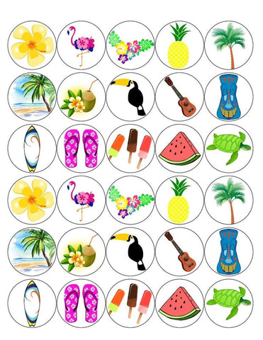 LUAU 30 x 4cm PREMIUM EDIBLE ICING ROUND CUP CAKE TOPPERS HAWAII TROPICAL D1
