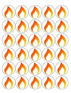 FLAME 30 x 4cm PREMIUM EDIBLE ICING ROUND CUP CAKE TOPPERS FIRE D5