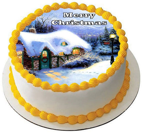 CHRISTMAS 7.5" Round PREMIUM Edible ICING Cake Topper Decoration SNOW COTTAGE D2