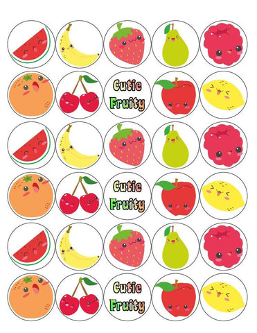 CUTIE FRUITY 30 x 4cm PREMIUM EDIBLE RICE PAPER ROUND CUP CAKE TOPPERS D1 - KraftyDesigns