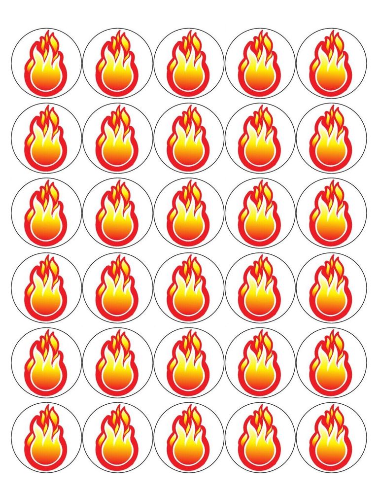 FLAME 30 x 4cm PREMIUM EDIBLE ICING ROUND CUP CAKE TOPPERS FIRE D4