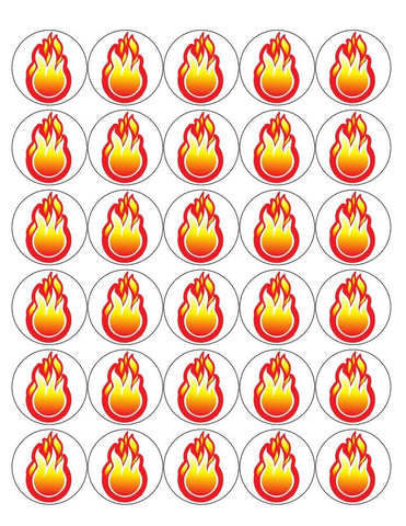 FLAME 30 x 4cm PREMIUM EDIBLE ICING ROUND CUP CAKE TOPPERS FIRE D4