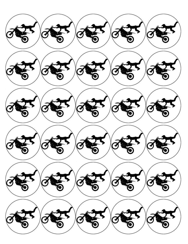 MOTORBIKE 30 x 4cm PREMIUM EDIBLE RICE PAPER ROUND CUP CAKE TOPPERS STUNT D7