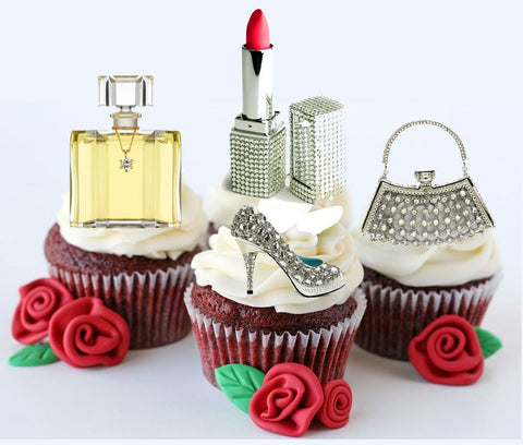 BLING Lipstick MakeUp Shoe Handbag 20 FLAT RICE CARD STAND UP FAIRY CAKE TOPPERS