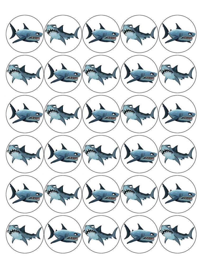 SHARK MIX 30 x 4cm PREMIUM EDIBLE RICE PAPER ROUND CUP CAKE TOPPERS OCEAN D9