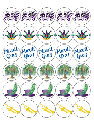 MARDI GRAS 30 x 4cm PREMIUM EDIBLE RICE PAPER ROUND CUP CAKE TOPPERS FESTIVAL D1