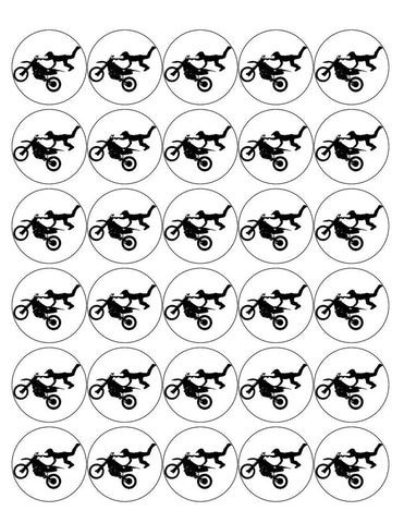 MOTORBIKE 30 x 4cm PREMIUM EDIBLE ICING ROUND CUP CAKE TOPPERS STUNT D7