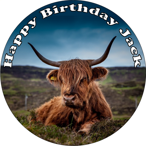 PREMIUM HIGHLAND COW 7.5" FARM ANIMALS EDIBLE ICING ROUND CAKE TOPPER CALF D4