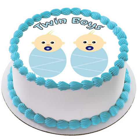 NEW BABY TWIN BOYS 7.5" ROUND RICE WAFER PAPER EDIBLE PREMIUM CAKE TOPPER D15