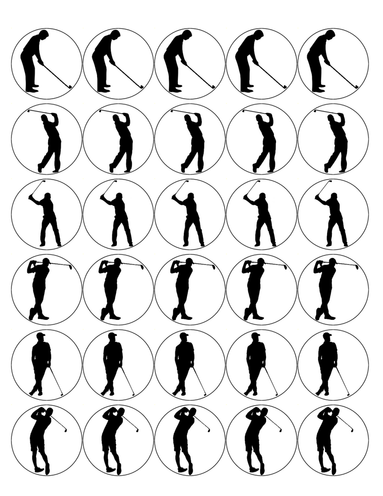 GOLF MIX 30 x 4cm PREMIUM EDIBLE RICE PAPER ROUND CUP CAKE TOPPERS SILHOUETTE D9