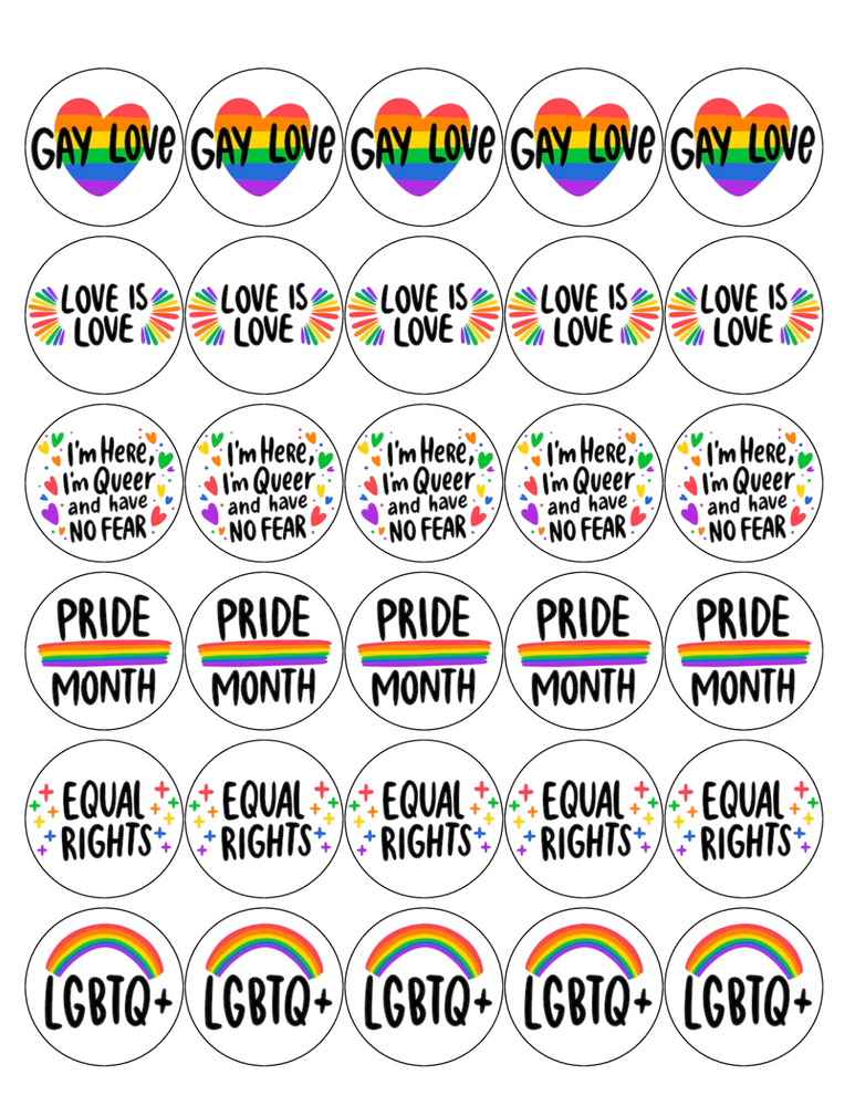 PRIDE MIX 30 x 4cm PREMIUM EDIBLE RICE PAPER ROUND CUP CAKE TOPPERS LGBTQ D5