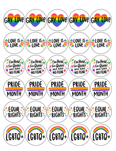 PRIDE MIX 30 x 4cm PREMIUM EDIBLE RICE PAPER ROUND CUP CAKE TOPPERS LGBTQ D5
