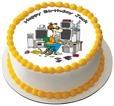 PC GEEK COMPUTER NERD 7.5" PREMIUM Edible RICE WAFER Cake Topper YOUR OWN TEXT 1