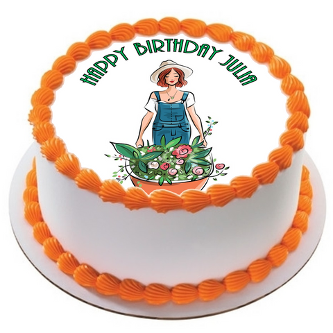 GARDENING 7.5" ROUND RICE WAFER PAPER EDIBLE PREMIUM CAKE TOPPER WOMAN D4