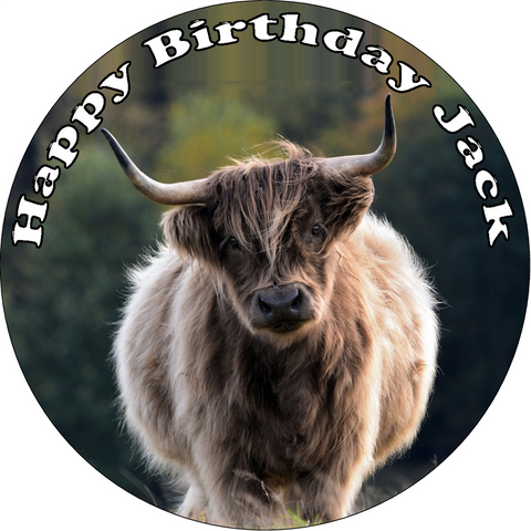 PREMIUM HIGHLAND COW 7.5" FARM ANIMALS EDIBLE ICING ROUND CAKE TOPPER D3