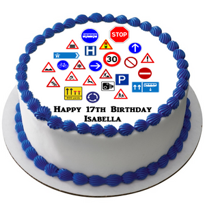 TRAFFIC SIGNS ROUND ICING EDIBLE PREMIUM CAKE TOPPER 19CM DIAMETRE LEARNER D2