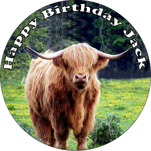 PREMIUM HIGHLAND COW 7.5" FARM ANIMALS EDIBLE ICING ROUND CAKE TOPPER CALF D5