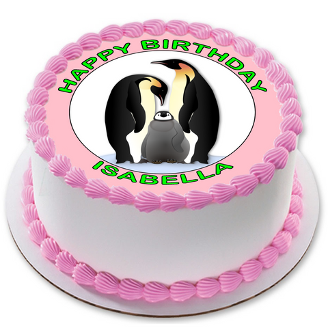 PENGUIN FAMILY CUTE 7.5 PREMIUM Edible ICING Cake Topper CAN PERSONALISE TEXT D1