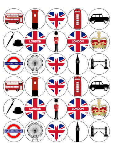 LONDON 30 x 4cm PREMIUM EDIBLE ICING ROUND CUP CAKE TOPPERS UK CAPITAL D2