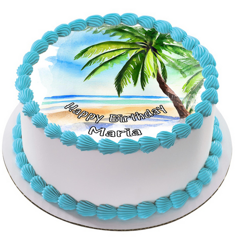 TROPICAL BEACH 7.5" ROUND ICING EDIBLE PREMIUM CAKE TOPPER 19CM DIAMETRE D5