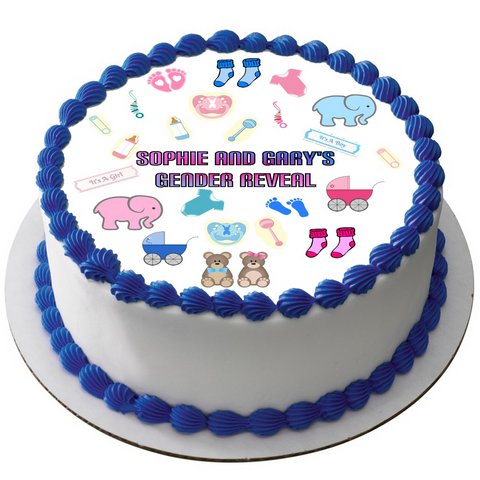 GENDER REVEAL 7.5" RICE WAFER PAPER EDIBLE PREMIUM CAKE TOPPER BABY SHOWER D9