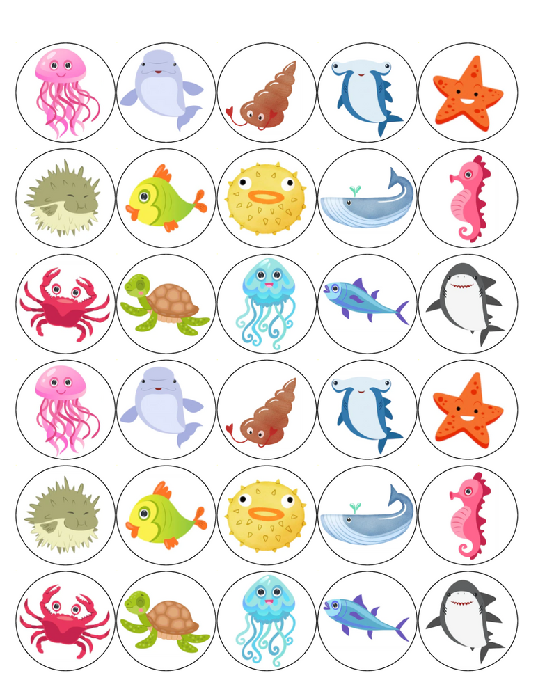 SEA CREATURES MIX 30 x 4cm PREMIUM EDIBLE ICING ROUND CUP CAKE TOPPERS CUTE D1