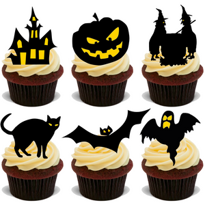 HALLOWEEN CAKE TOPPERS x24 EDIBLE SILHOUETTE STANDUP PARTY RICE CARD GIFT D18