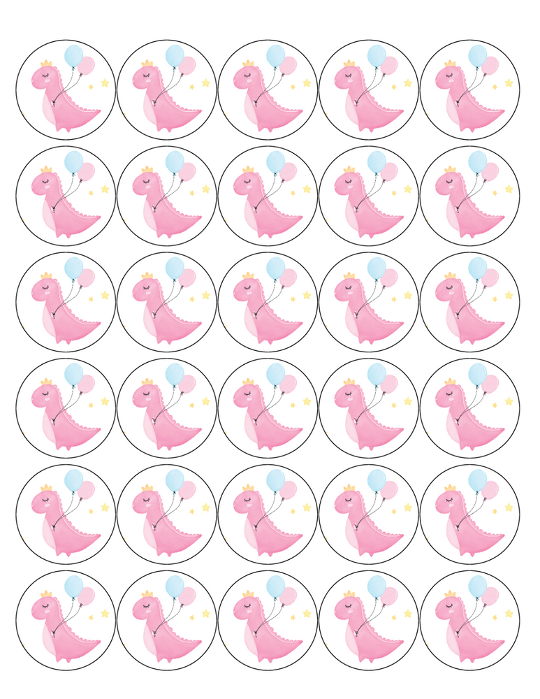 PINK DINOSAUR 30 x 4cm PREMIUM EDIBLE ICING ROUND CUP CAKE TOPPERS CUTE D10