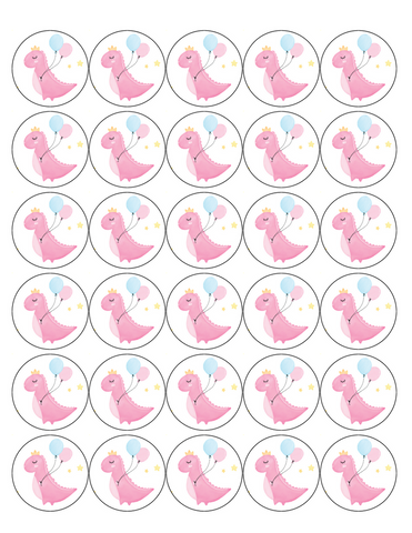 PINK DINOSAUR 30 x 4cm PREMIUM EDIBLE ICING ROUND CUP CAKE TOPPERS CUTE D10