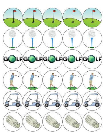 GOLF MIX 30 x 4cm PREMIUM EDIBLE RICE PAPER ROUND CUP CAKE TOPPERS D8