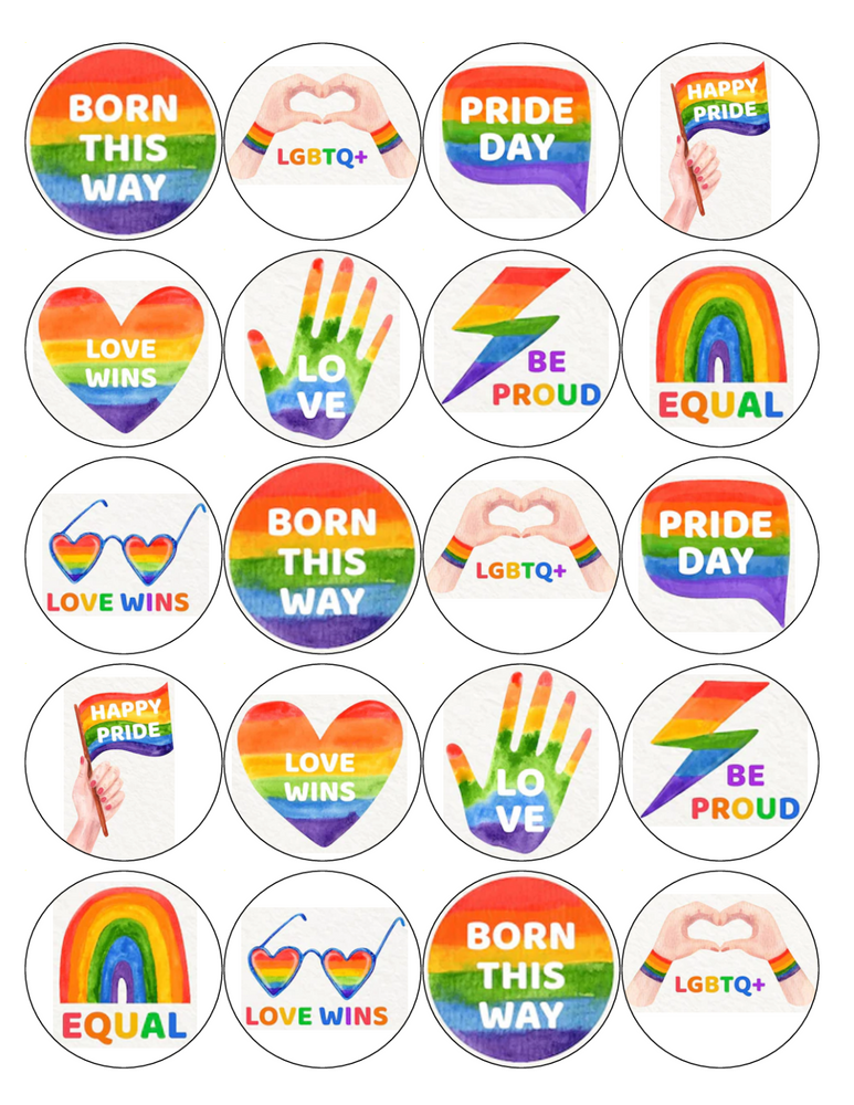 PRIDE MIX 20 x 5cm PREMIUM EDIBLE RICE PAPER ROUND CUP CAKE TOPPERS LGBTQ D7