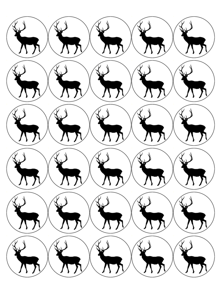 STAG 30 x 4cm PREMIUM EDIBLE ICING ROUND CUP CAKE TOPPERS DEER SILHOUETTE D1