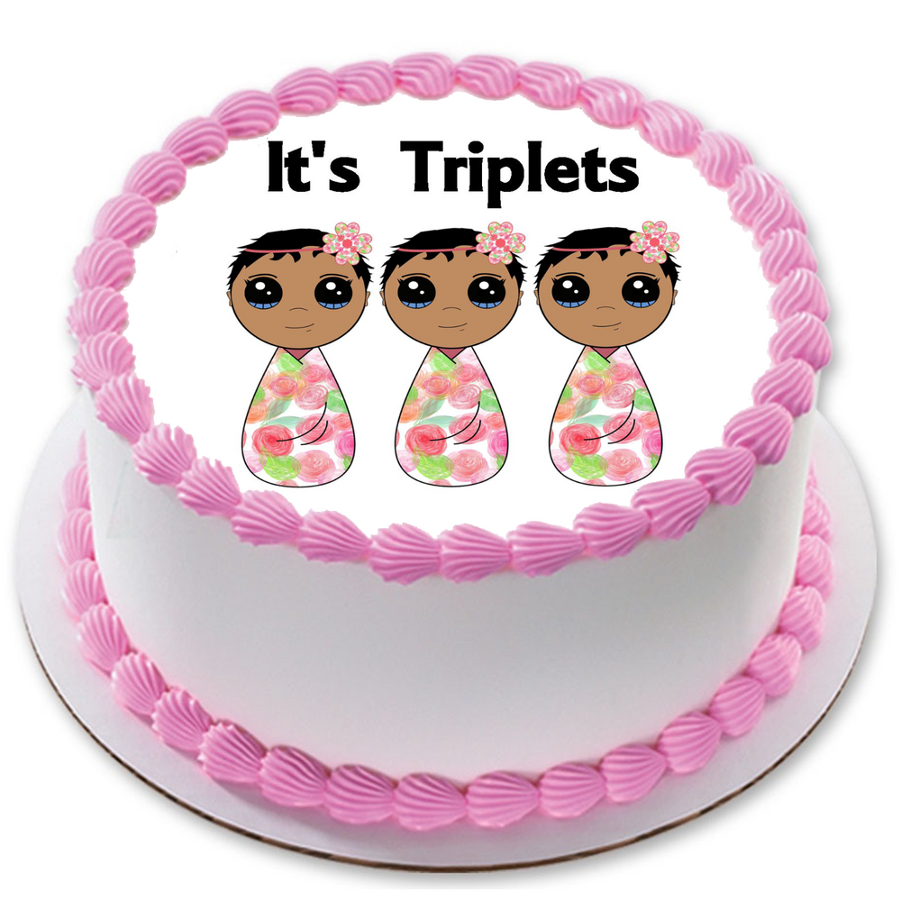 NEW BABY TRIPLETS 7.5" ROUND ICING EDIBLE PREMIUM CAKE TOPPER 19CM DIAMETRE D14