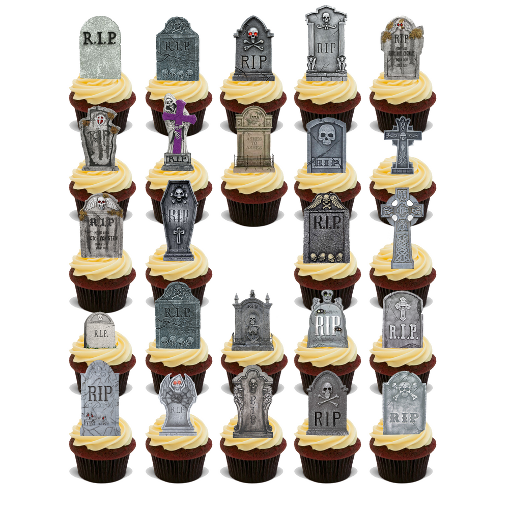 HALLOWEEN TOMBSTONES GRAVESTONES MIX 48X FLAT STAND UP Edible Cake Toppers D1