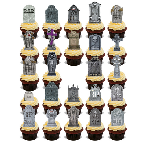 HALLOWEEN TOMBSTONES GRAVESTONES MIX 48X FLAT STAND UP Edible Cake Toppers D1