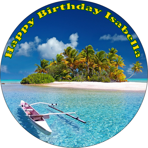 TROPICAL BEACH 7.5" ROUND ICING EDIBLE PREMIUM CAKE TOPPER 19CM DIAMETRE D6