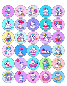 UNICORN MIX 30 x 4cm PREMIUM EDIBLE ICING ROUND CUP CAKE TOPPERS D9