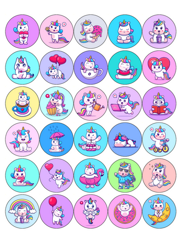 UNICORN MIX 30 x 4cm PREMIUM EDIBLE ICING ROUND CUP CAKE TOPPERS D9