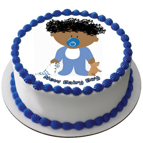 NEW BABY 7.5" ROUND RICE WAFER PAPER EDIBLE PREMIUM CAKE TOPPER BLUE BOY D5