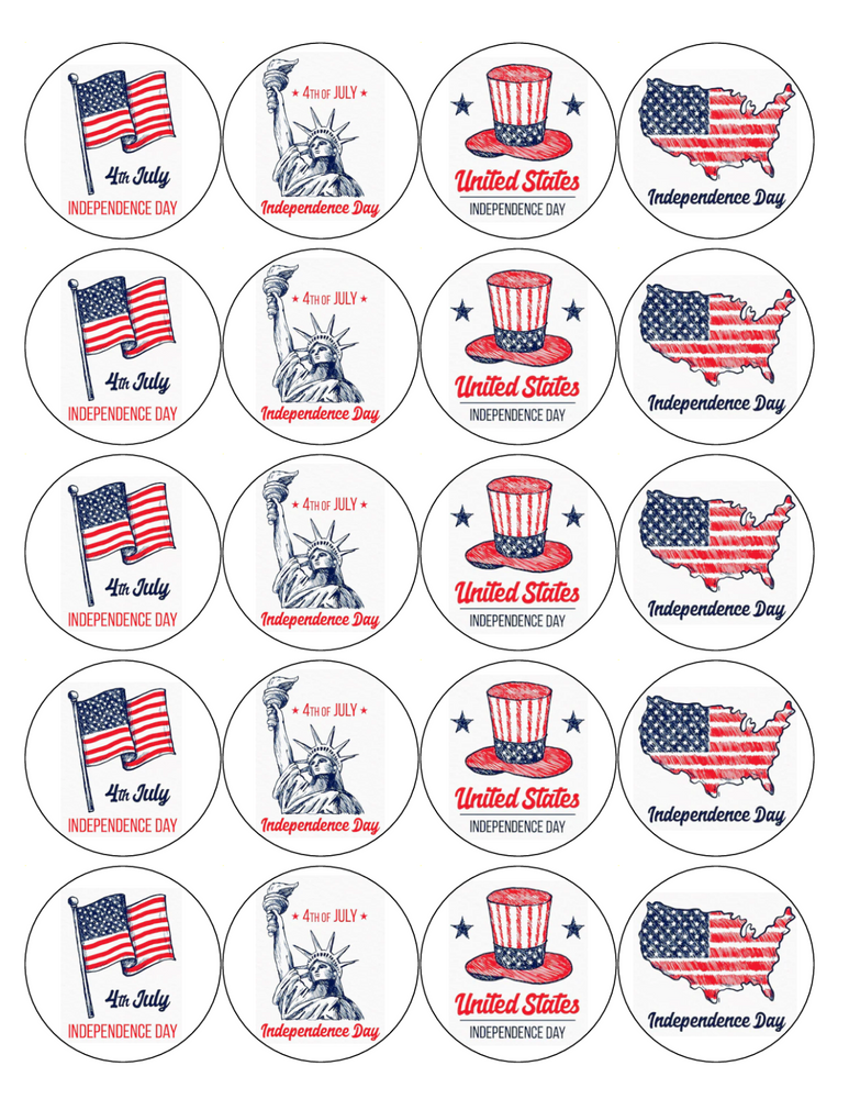 INDEPENDENCE DAY 20 x 5cm PREMIUM EDIBLE ICING ROUND CUP CAKE TOPPERS 4 JULY D5