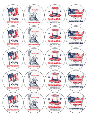 INDEPENDENCE DAY 20 x 5cm PREMIUM EDIBLE ICING ROUND CUP CAKE TOPPERS 4 JULY D5