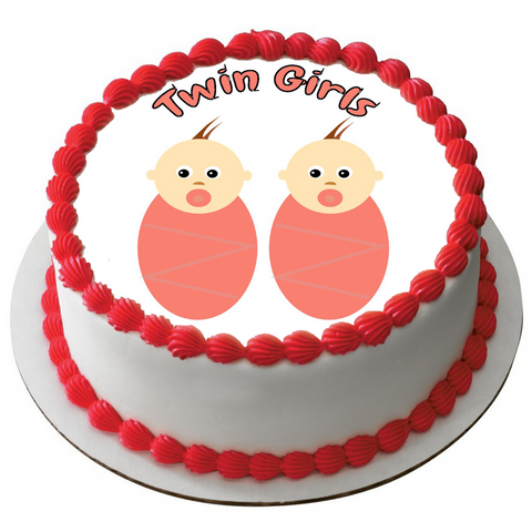 NEW BABY TWIN GIRLS 7.5" ROUND RICE WAFER PAPER EDIBLE PREMIUM CAKE TOPPER D16