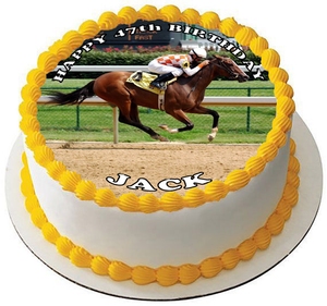 RACE HORSE RACING 7.5" PREMIUM Edible ICING Cake Topper CAN PERSONALISE TEXT D4