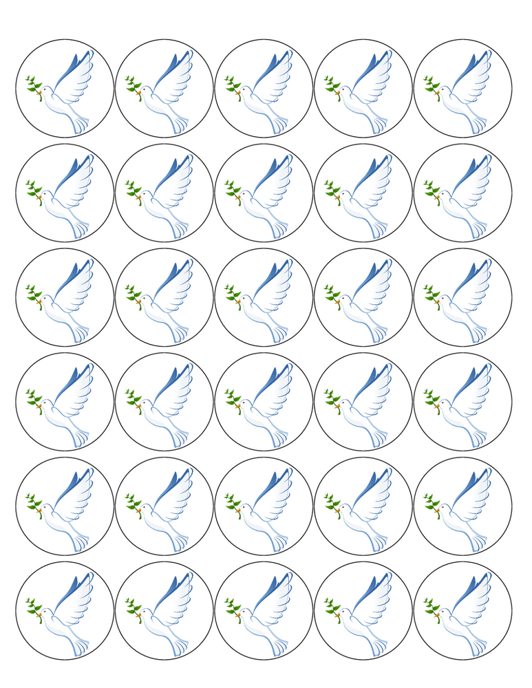 PEACE DOVE 30 x 4cm PREMIUM EDIBLE ICING ROUND CUP CAKE TOPPERS D1