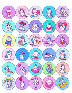 UNICORN MIX 30 x 4cm PREMIUM EDIBLE RICE PAPER ROUND CUP CAKE TOPPERS D9