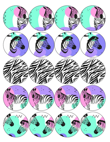 ZEBRA MIX 20 x 5cm PREMIUM EDIBLE RICE PAPER ROUND CUP CAKE TOPPERS PRINT D2