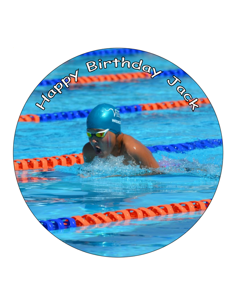 SWIMMING POOL 7.5 PREMIUM Edible RICE CARD Cake Topper CAN PERSONALISE SWIM D1