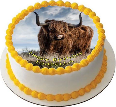 PREMIUM HIGHLAND COW 7.5" FARM ANIMALS EDIBLE ICING ROUND CAKE TOPPER D2